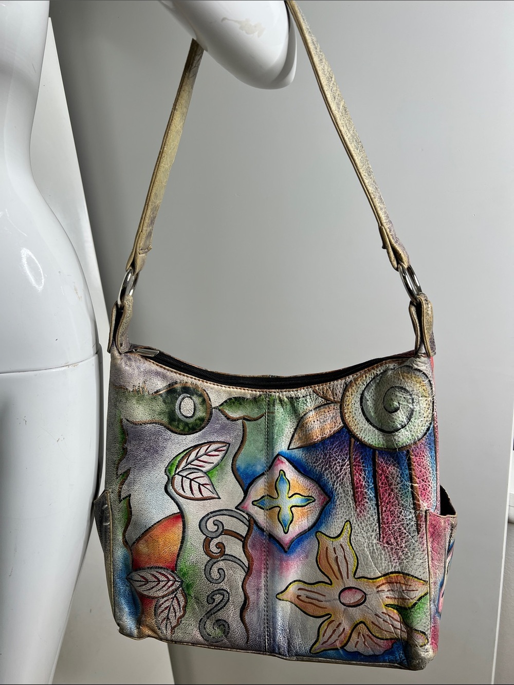 Anuschka Hand Painted Leather Zip Large Shoulder Bag Made in India